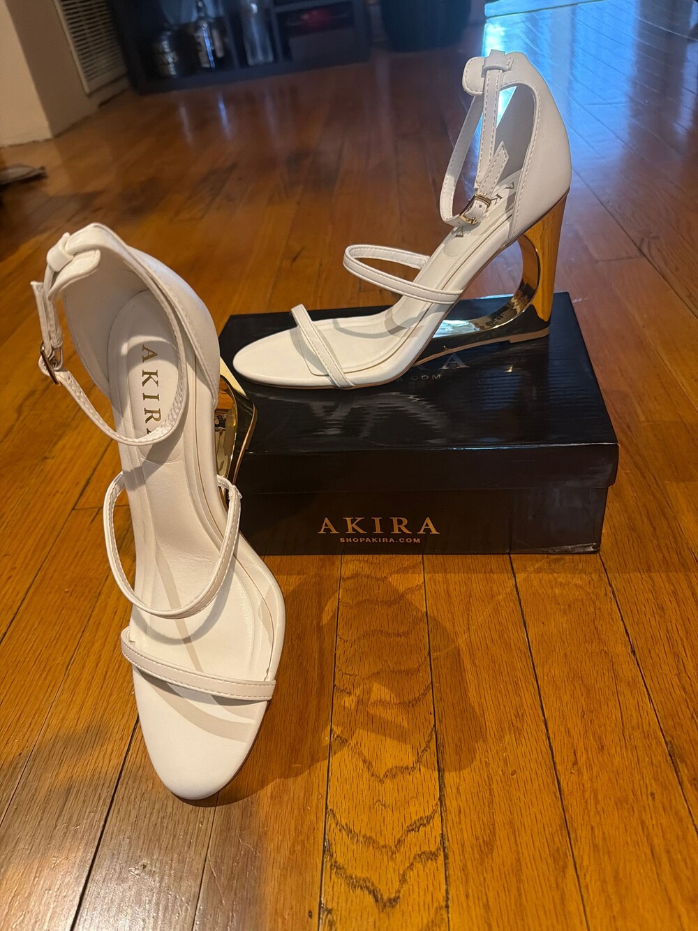 AKIRA White High Heel Sandals Gold Metallic Block Heel Strappy Ankle Strap